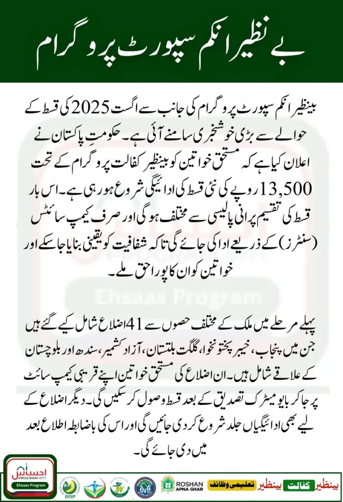BISP 8171 August 2025 Update Rs 13500 Payment Begins in 41 Districts List
