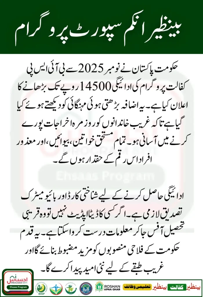 BISP Kafalat Payment Increased to Rs 14500 from November 2025
